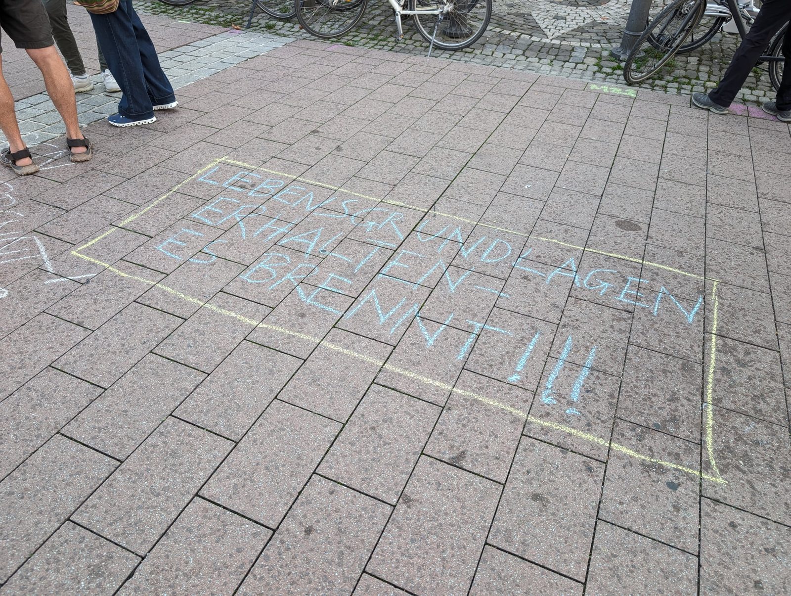 Kreideschrift auf dem Pflaster: „Lebensgrundlagen erhalten – Es brennt!!!”