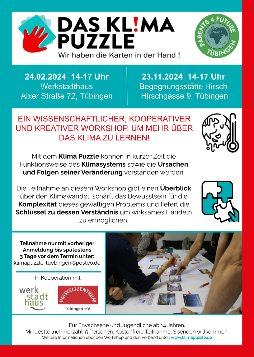 Flyer für das Klima Puzzle mit Infos über den Workshop und zur Anmeldung.