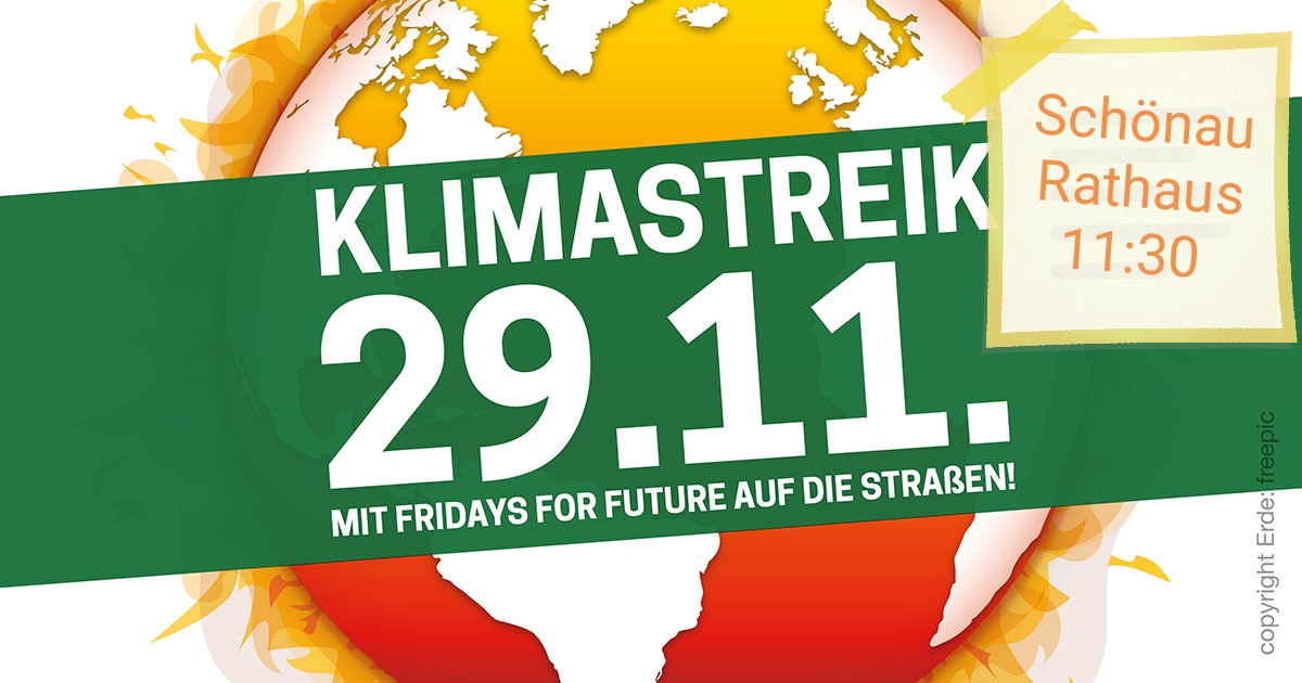 Logo des Klimastreiks vom 29.11.2019 mit zusätzlicher Info "Schönau Rathaus 11:30"