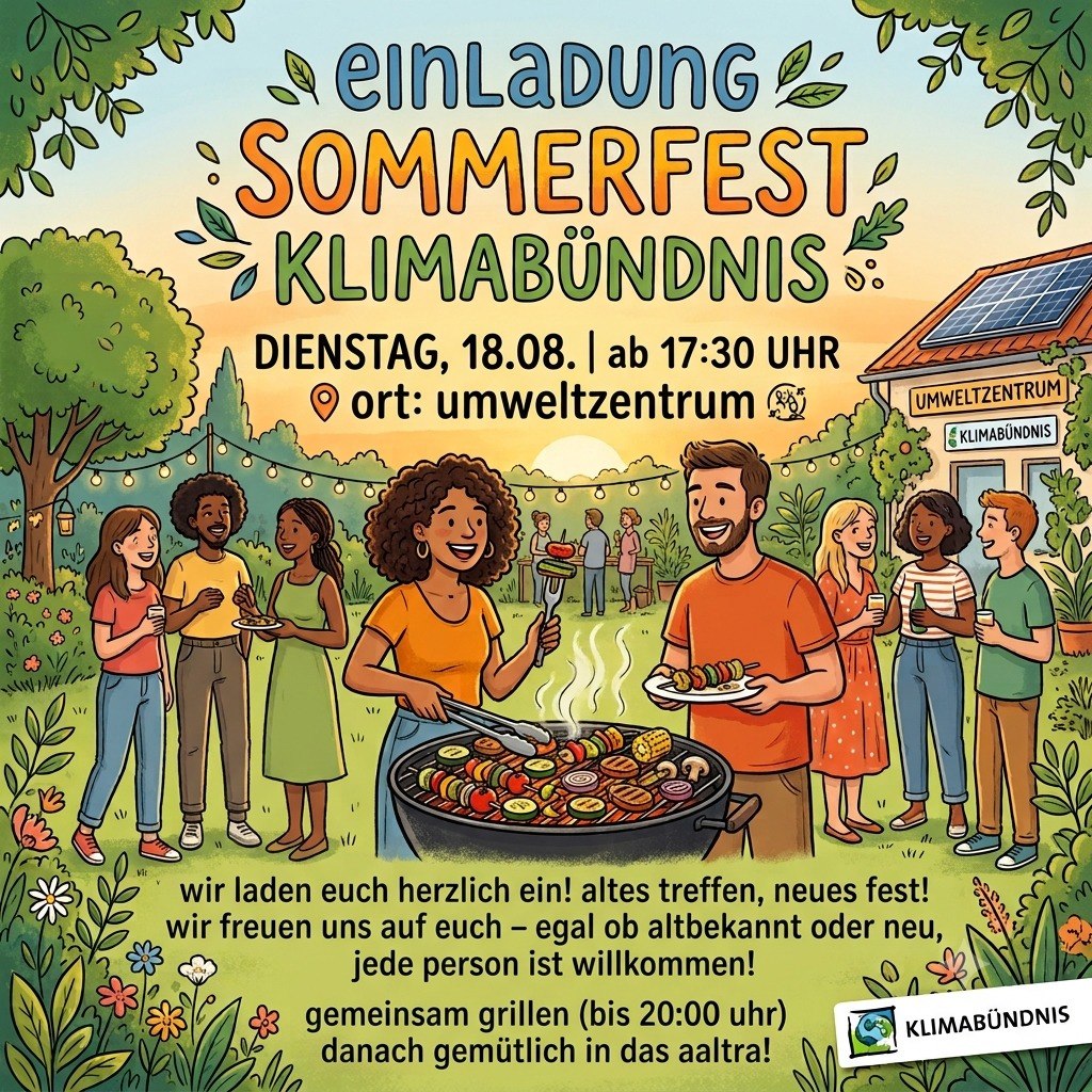 Sharepic mit Veranstaltungsdaten des Sommerfests am 18.8.26 um 17.30 im Chemnitzer Umweltzentrum, Henriettenstr. 5