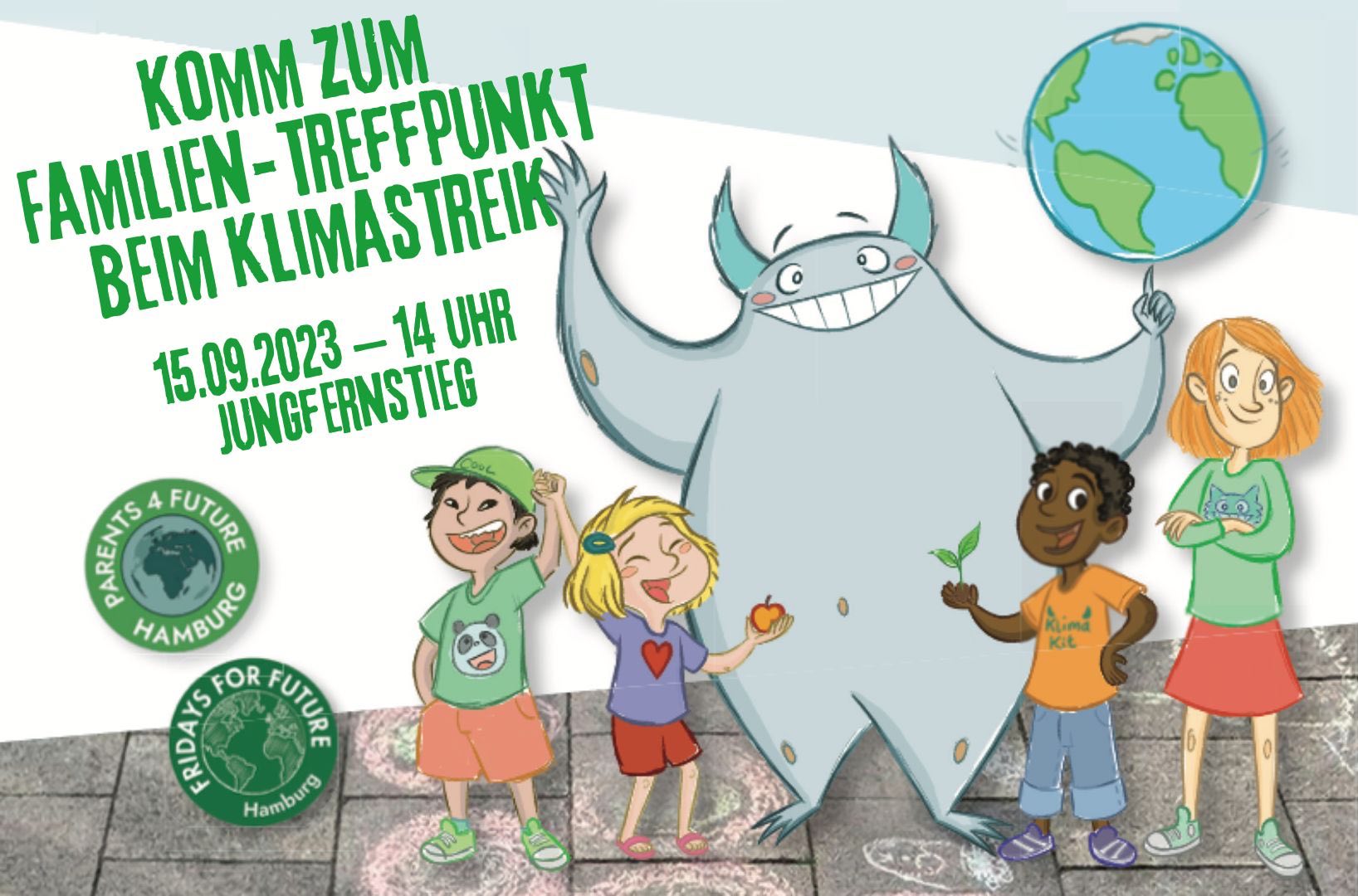Bunt illustrierte Einladung zum Familientreff beim FFFKlimastreik mit Kit Klimamonster am 15.09.2023