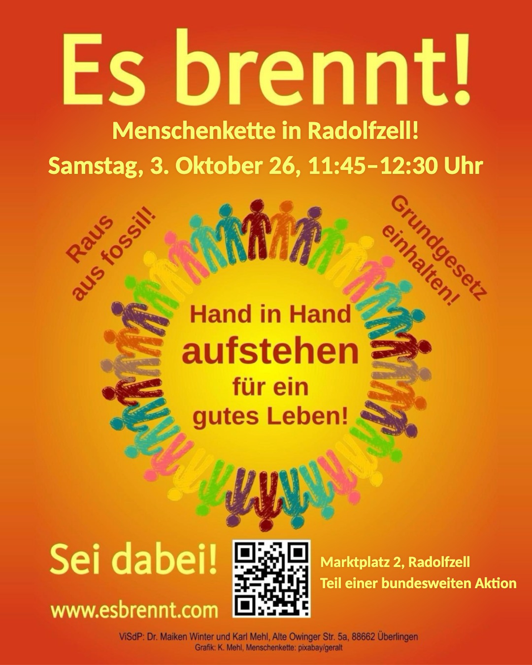 Sharepic: Es brennt! Menschenkette in Radolfzell, Samstag, 3. Oktober 2026, 11:45–12:30 Uhr, Marktplatz 2